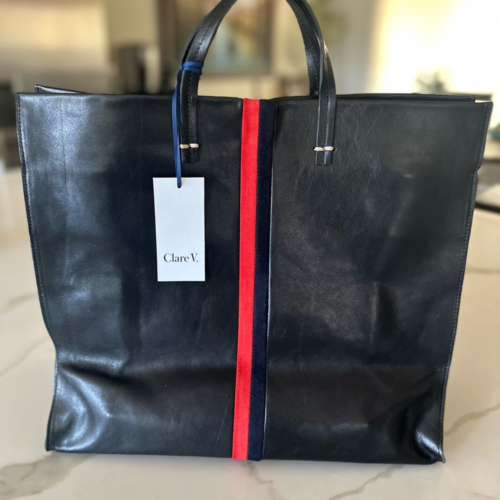 Clare V Simple Stripe Tote - black leather with red and navy suede stripe